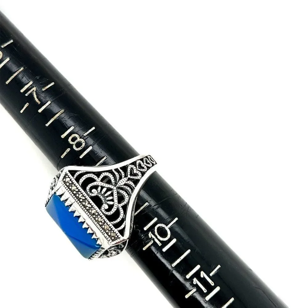 Large Sterling Silver 925‎ Blue Stone/Marcasite Ring